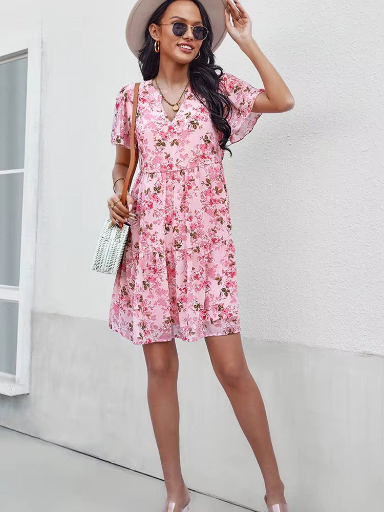 Casual Floral Printed V-Neck Short Sleeve Loose Mini Dress