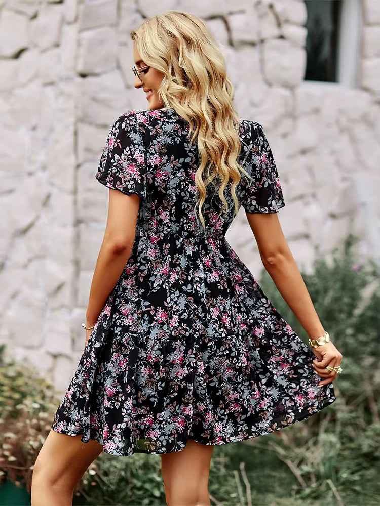 Casual Floral Printed V-Neck Short Sleeve Loose Mini Dress