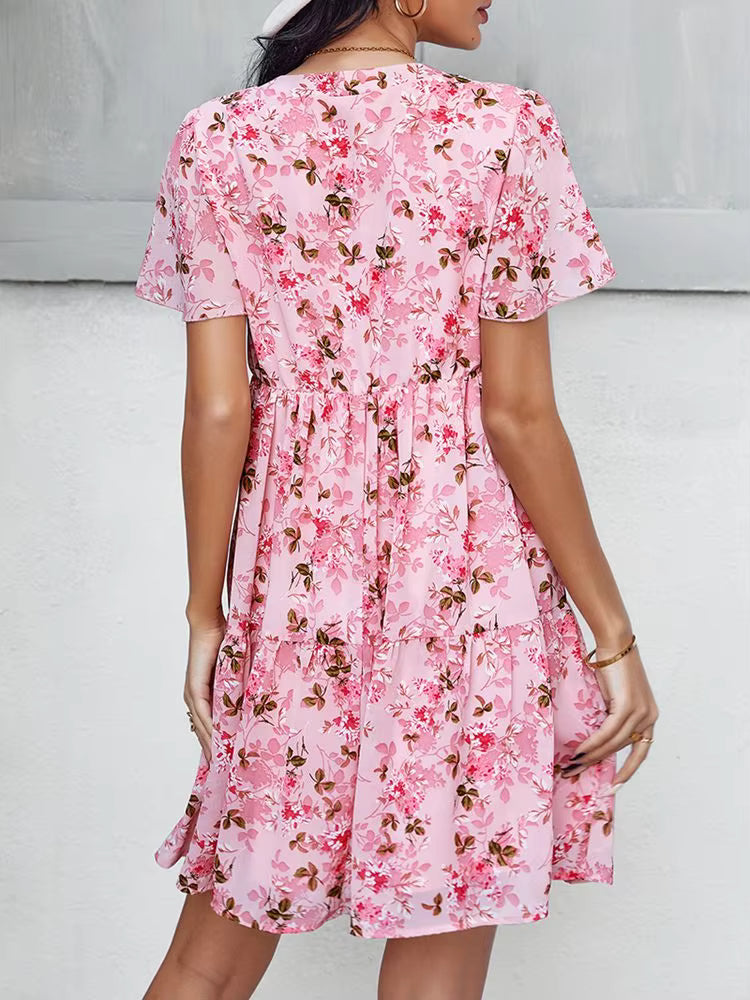 Casual Floral Printed V-Neck Short Sleeve Loose Mini Dress