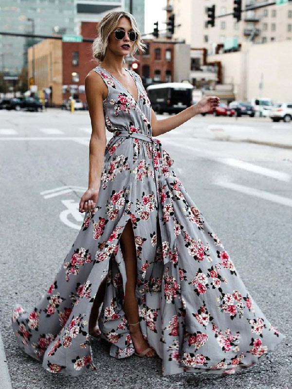 Casual Floral Printed V-Neck Sleeveless Lace Up Floor Length Maxi Dresses