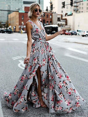 Casual Floral Printed V-Neck Sleeveless Lace Up Floor Length Maxi Dresses