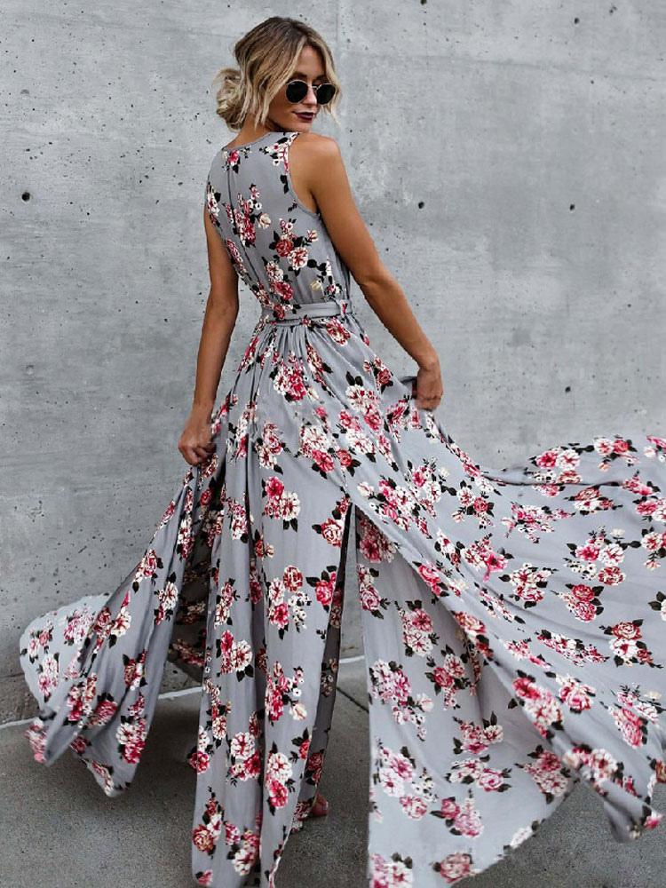 Casual Floral Printed V-Neck Sleeveless Lace Up Floor Length Maxi Dresses