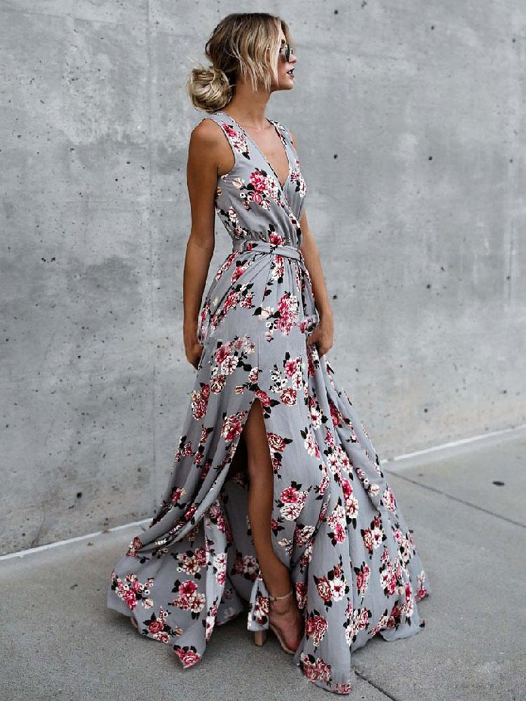Casual Floral Printed V-Neck Sleeveless Lace Up Floor Length Maxi Dresses