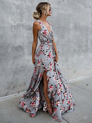 Casual Floral Printed V-Neck Sleeveless Lace Up Floor Length Maxi Dresses