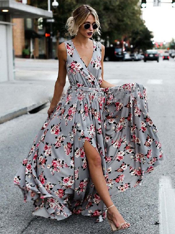 Casual Floral Printed V-Neck Sleeveless Lace Up Floor Length Maxi Dresses