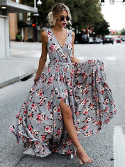 Casual Floral Printed V-Neck Sleeveless Lace Up Floor Length Maxi Dresses