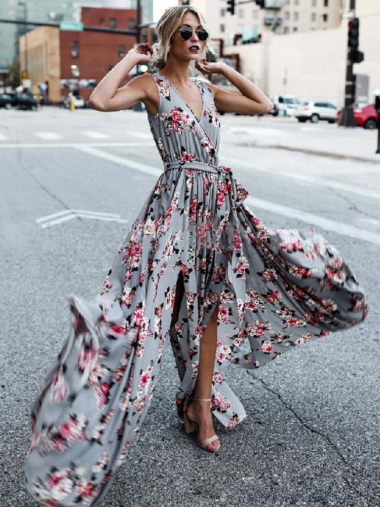 Casual Floral Printed V-Neck Sleeveless Lace Up Floor Length Maxi Dresses