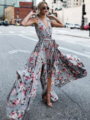Casual Floral Printed V-Neck Sleeveless Lace Up Floor Length Maxi Dresses