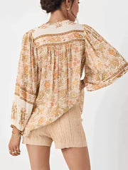 Casual Floral Printed V-neck Long Sleeve Tassel Blouse Shirts And Shorts
