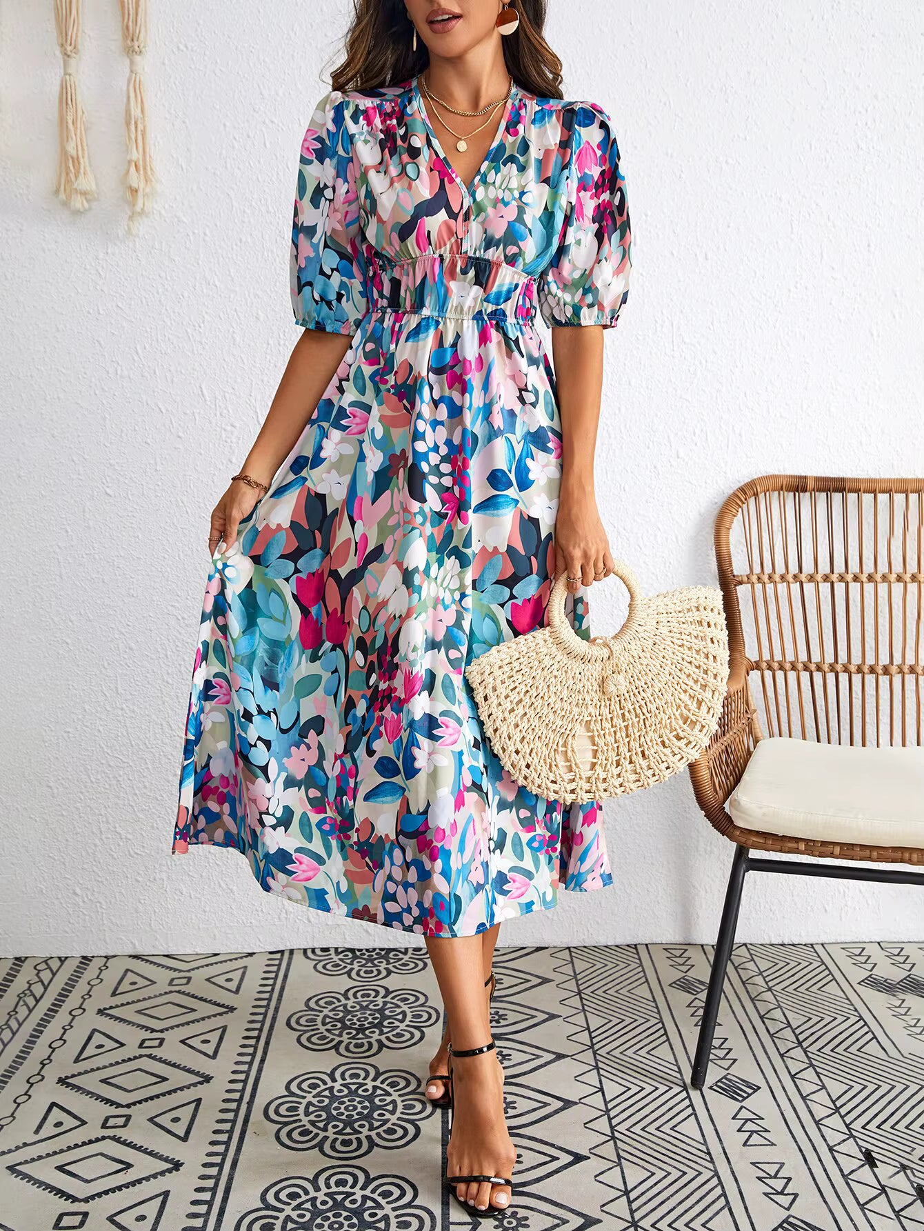 Casual Floral Pullover Asymmetrical Bohemian Mid-Calf Sundress