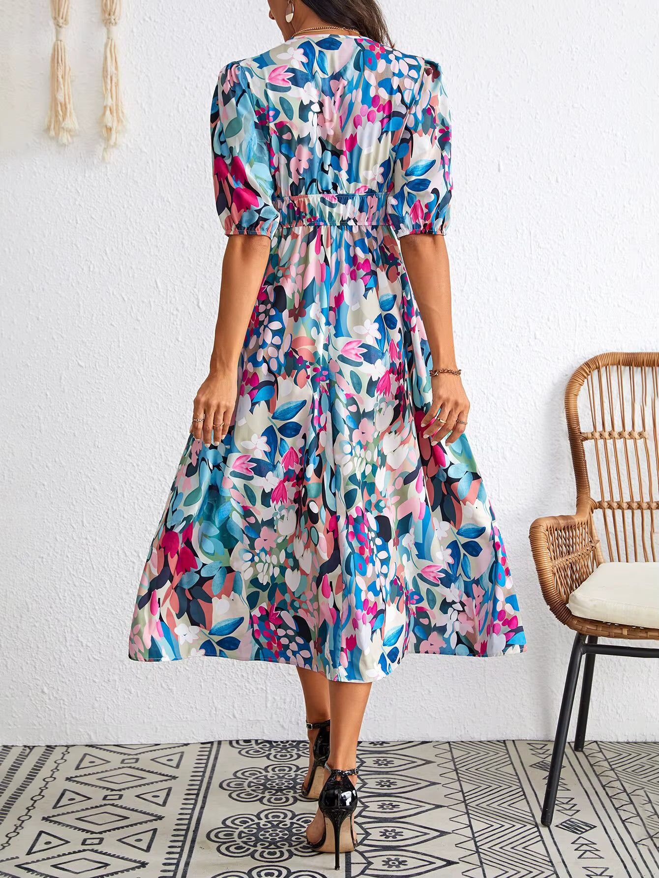 Casual Floral Pullover Asymmetrical Bohemian Mid-Calf Sundress