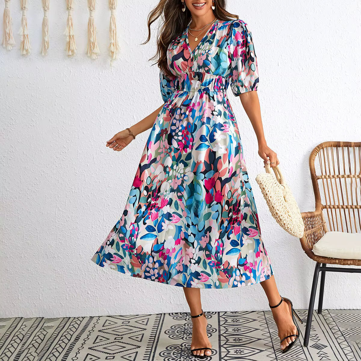 Casual Floral Pullover Asymmetrical Bohemian Mid-Calf Sundress