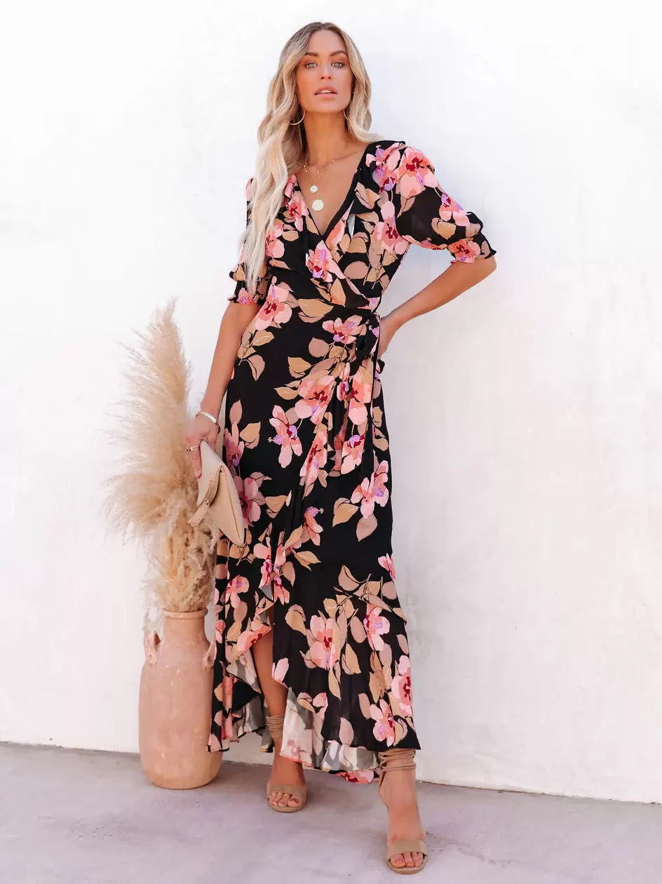 Casual Floral Ruffles Lace Up Belted Asymmetrical Wrap Maxi Dress