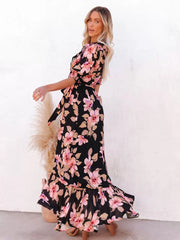 Casual Floral Ruffles Lace Up Belted Asymmetrical Wrap Maxi Dress