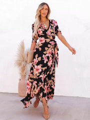 Casual Floral Ruffles Lace Up Belted Asymmetrical Wrap Maxi Dress