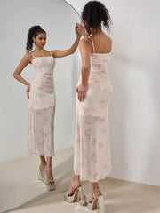 Casual Floral Slip Pleated Sleeveless Midi Dress