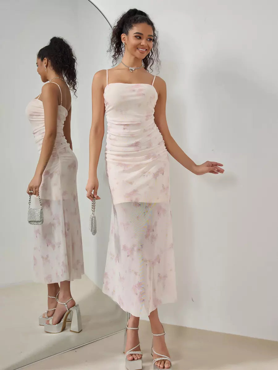 Casual Floral Slip Pleated Sleeveless Midi Dress