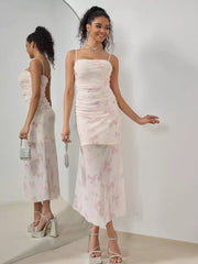 Casual Floral Slip Pleated Sleeveless Midi Dress