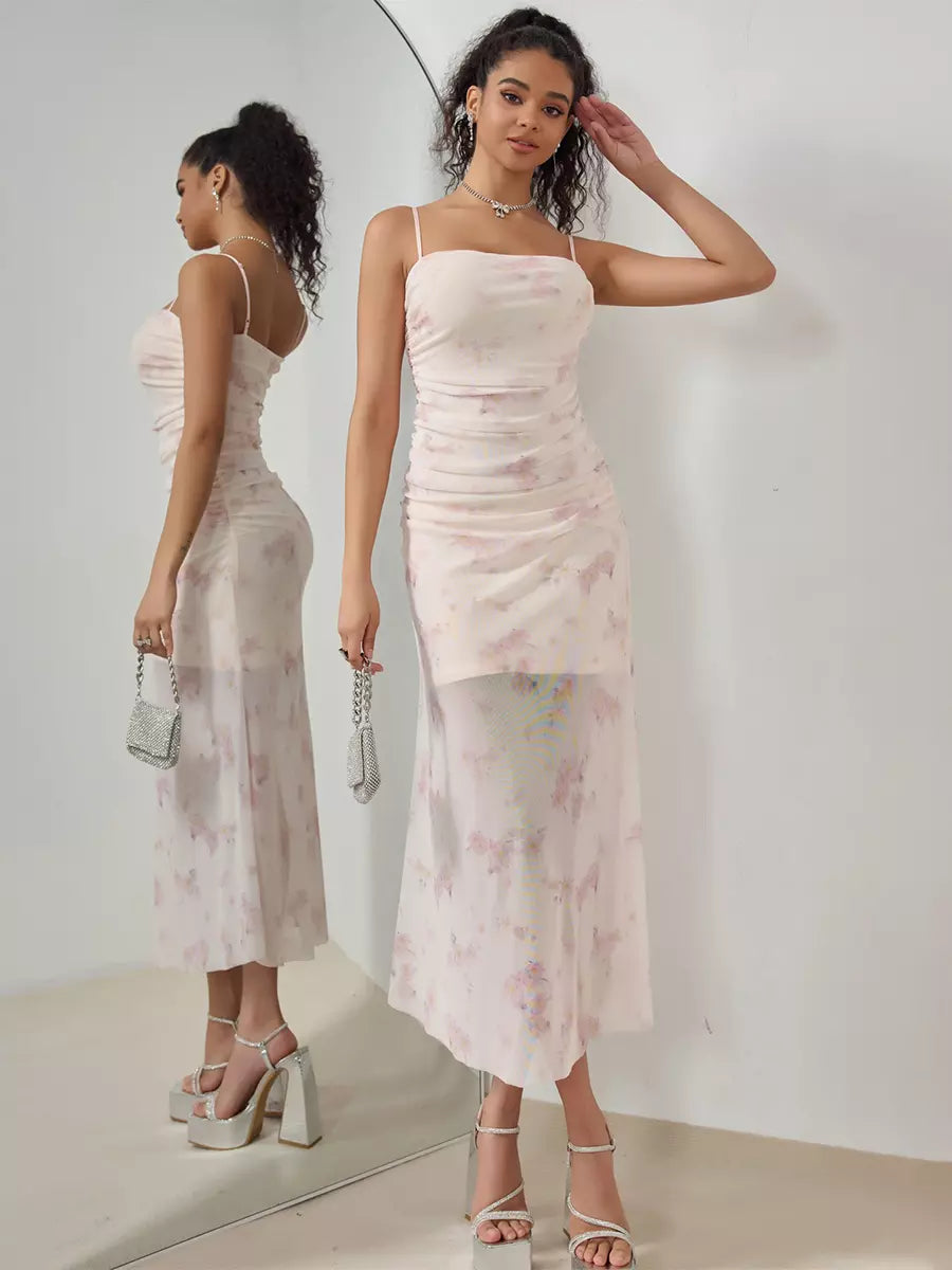 Casual Floral Slip Pleated Sleeveless Midi Dress