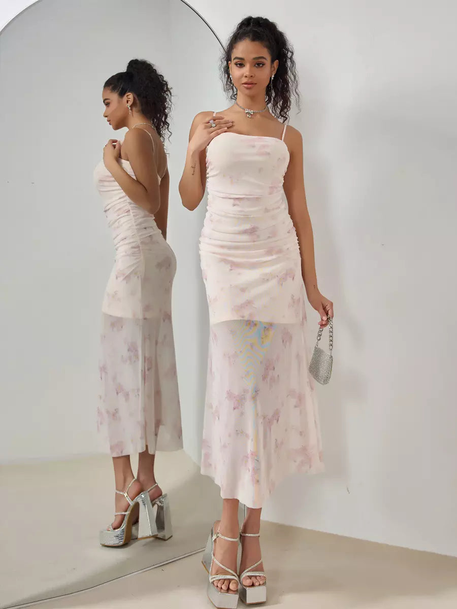 Casual Floral Slip Pleated Sleeveless Midi Dress