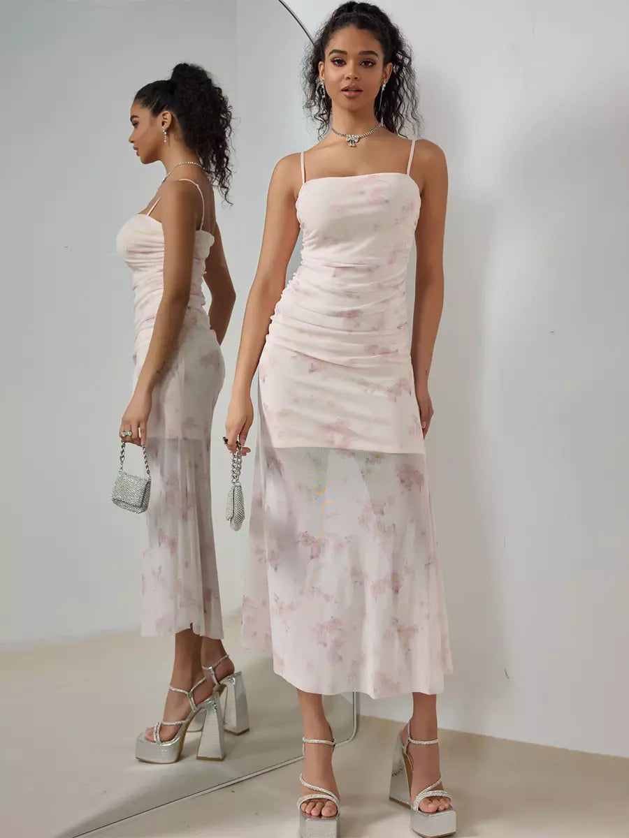 Casual Floral Slip Pleated Sleeveless Midi Dress
