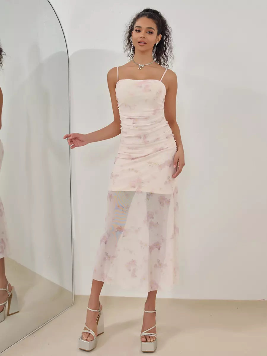Casual Floral Slip Pleated Sleeveless Midi Dress