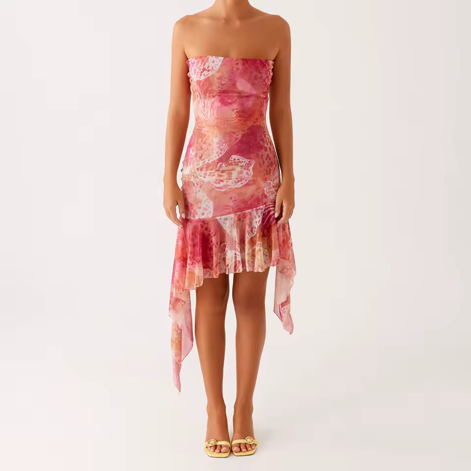 Casual Floral Strapless Backless Boho Sleeveless Bodycon Short Mini Dress