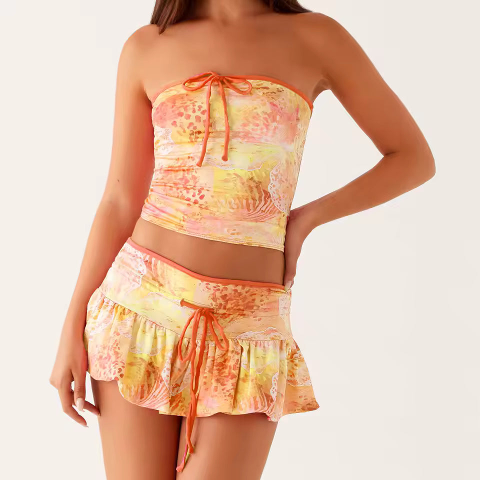 Casual Ruffles Strapless Tie-up Front Tube Tops And Mini Skirt Two Piece Set