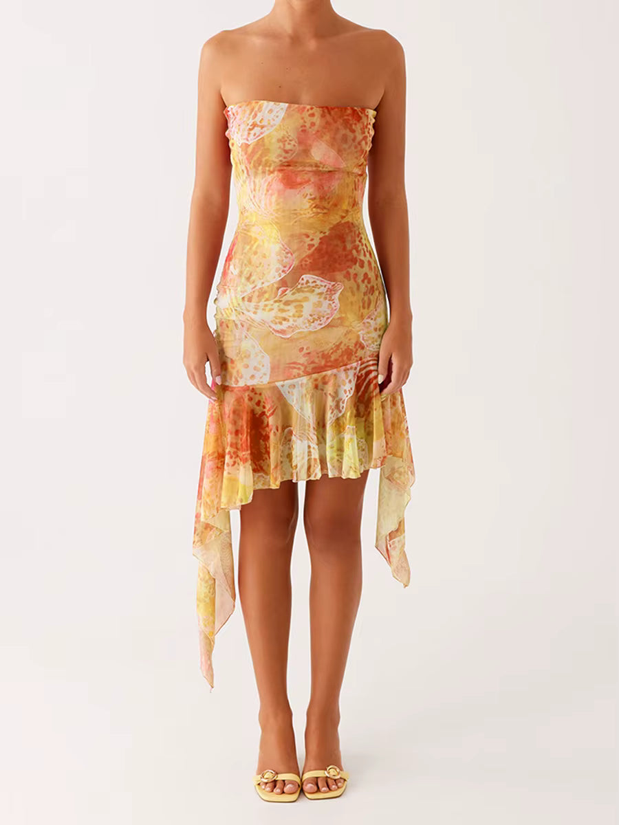 Casual Floral Strapless Backless Boho Sleeveless Bodycon Short Mini Dress