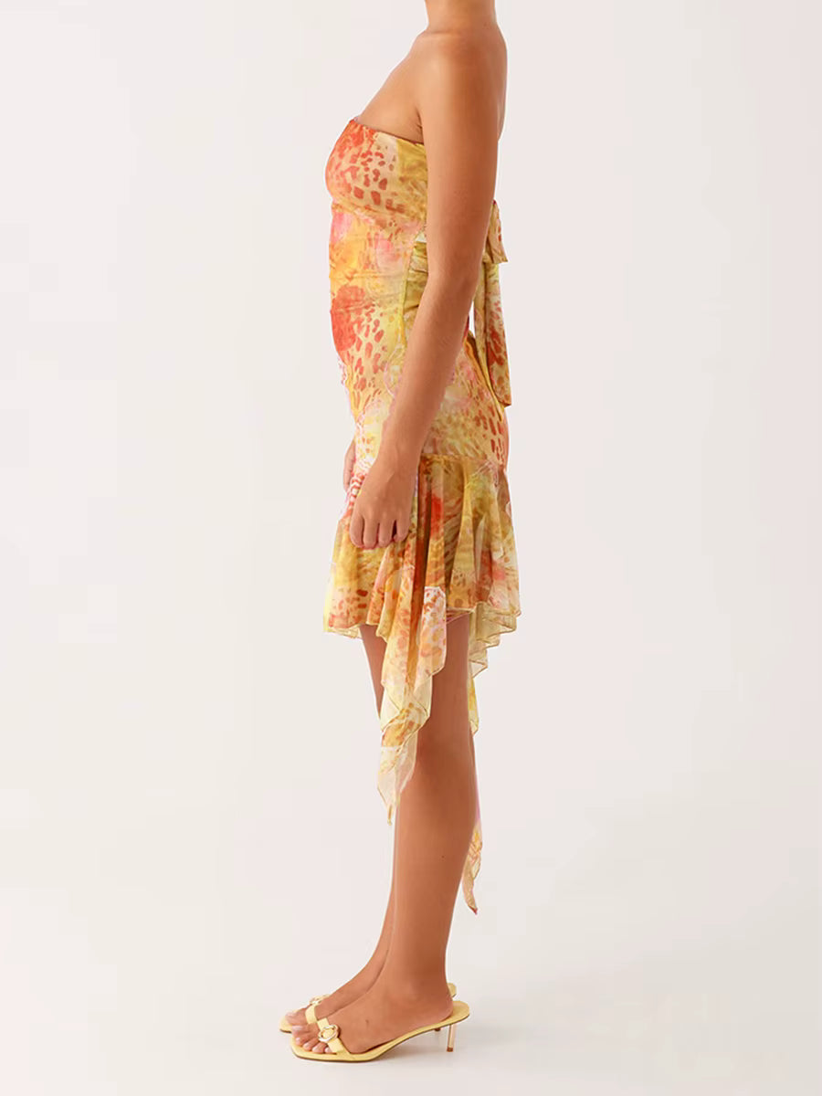 Casual Floral Strapless Backless Boho Sleeveless Bodycon Short Mini Dress