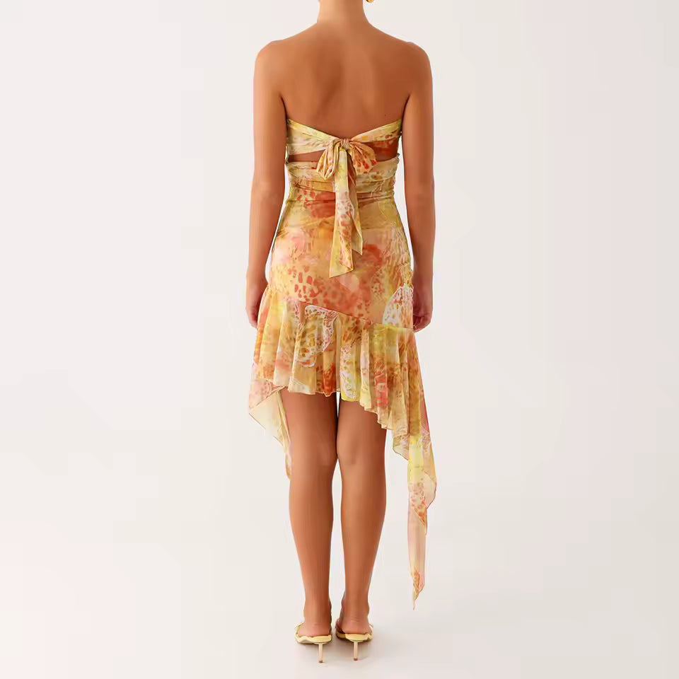 Casual Floral Strapless Backless Boho Sleeveless Bodycon Short Mini Dress