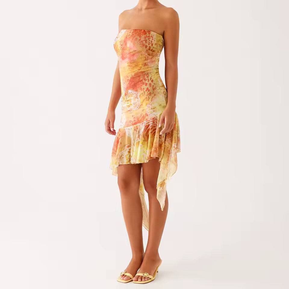 Casual Floral Strapless Backless Boho Sleeveless Bodycon Short Mini Dress
