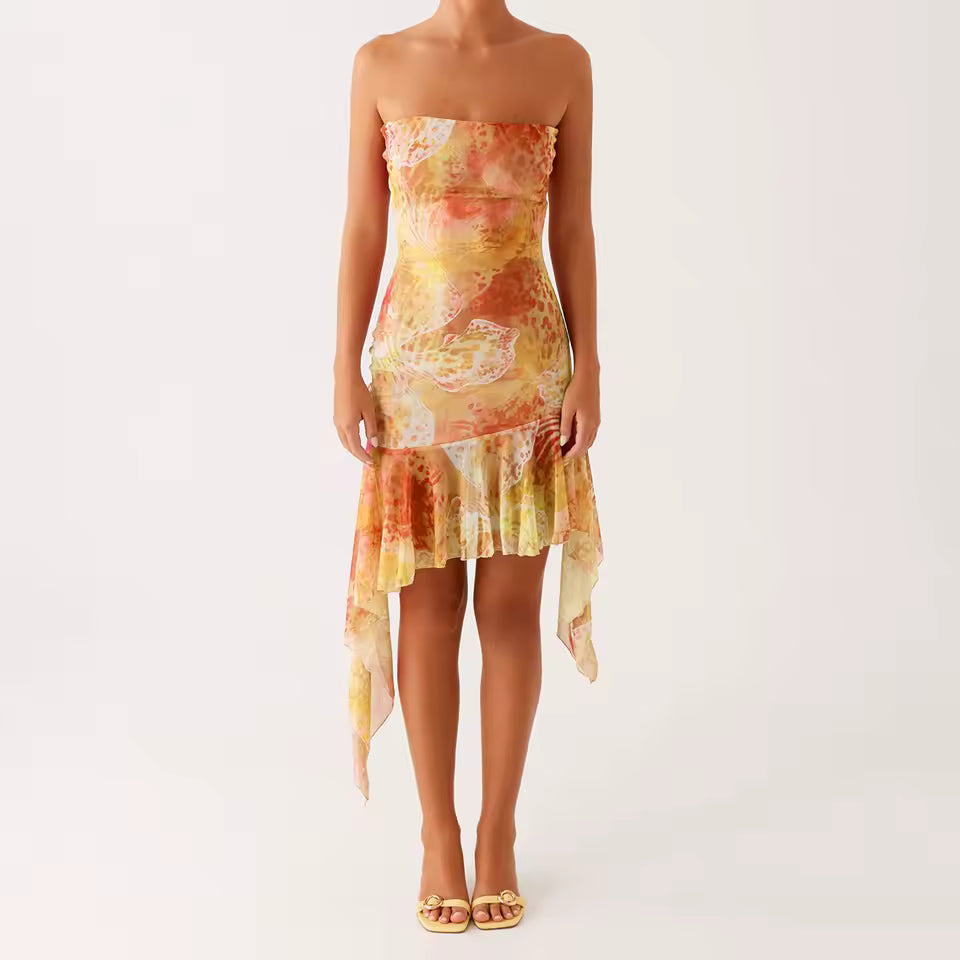 Casual Floral Strapless Backless Boho Sleeveless Bodycon Short Mini Dress