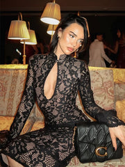 Casual Floral Turtleneck Solid Regular Long Sleeves Slim Fit Hollow Out Midi Dress