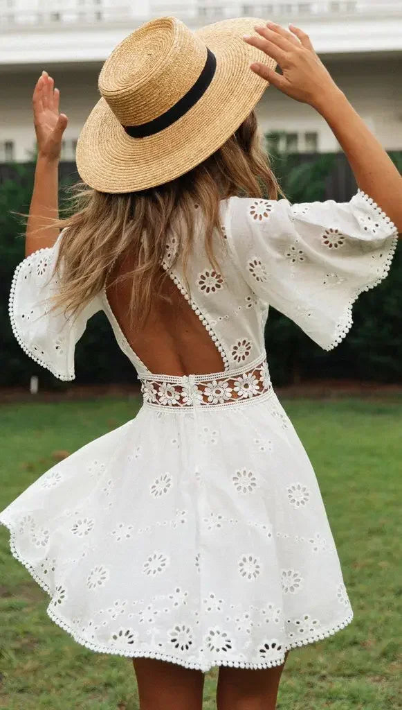 Casual Flower Backless Floral Embroidery Cotton Party Mini Dress