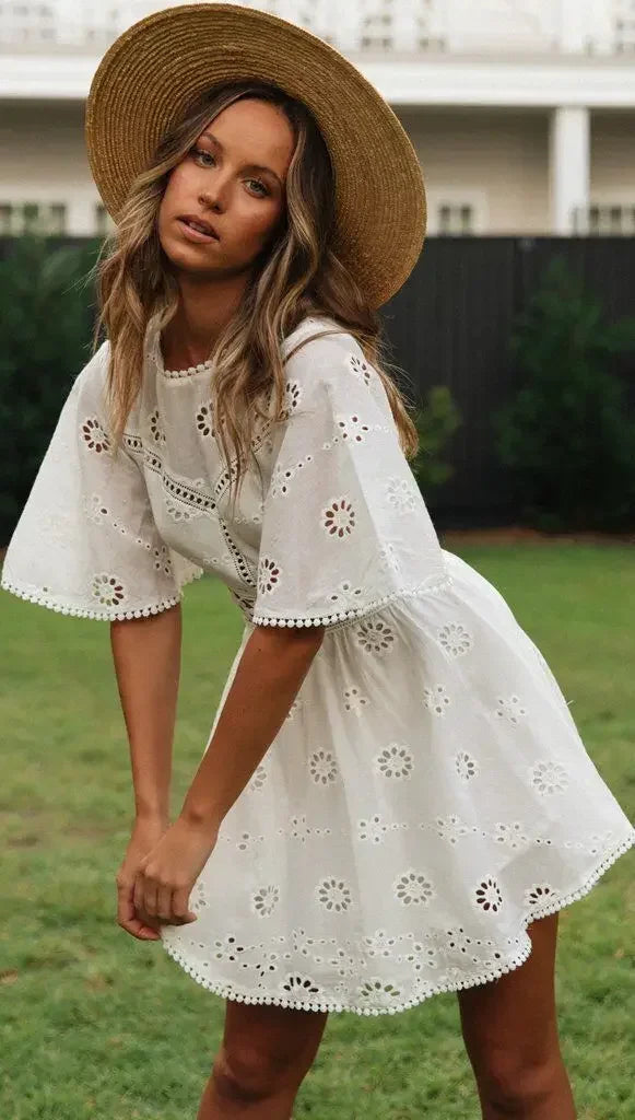 Casual Flower Backless Floral Embroidery Cotton Party Mini Dress