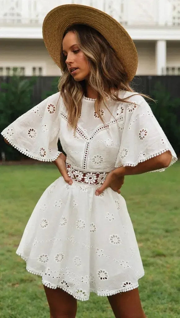 Casual Flower Backless Floral Embroidery Cotton Party Mini Dress