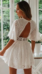 Casual Flower Backless Floral Embroidery Cotton Party Mini Dress