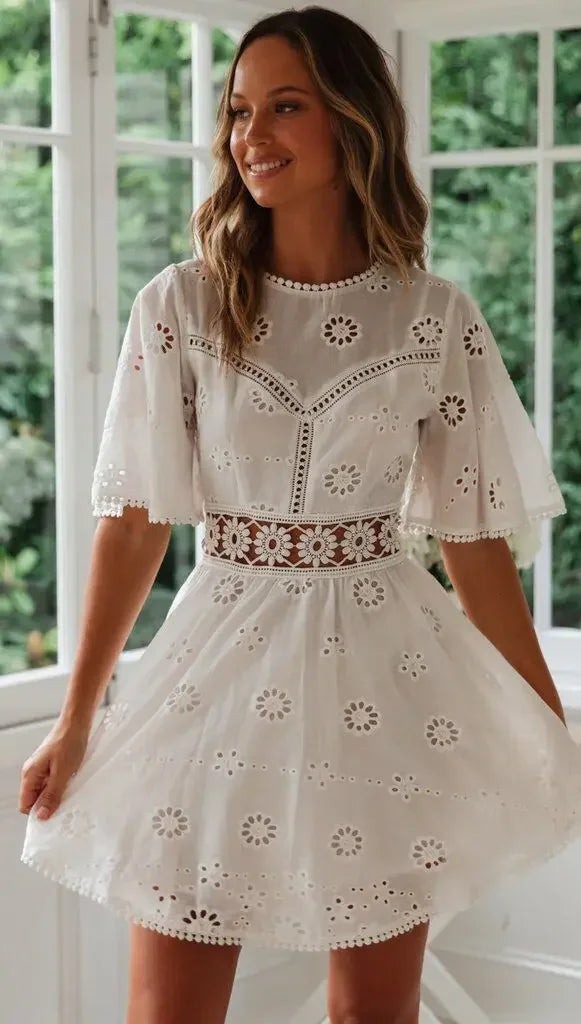 Casual Flower Backless Floral Embroidery Cotton Party Mini Dress