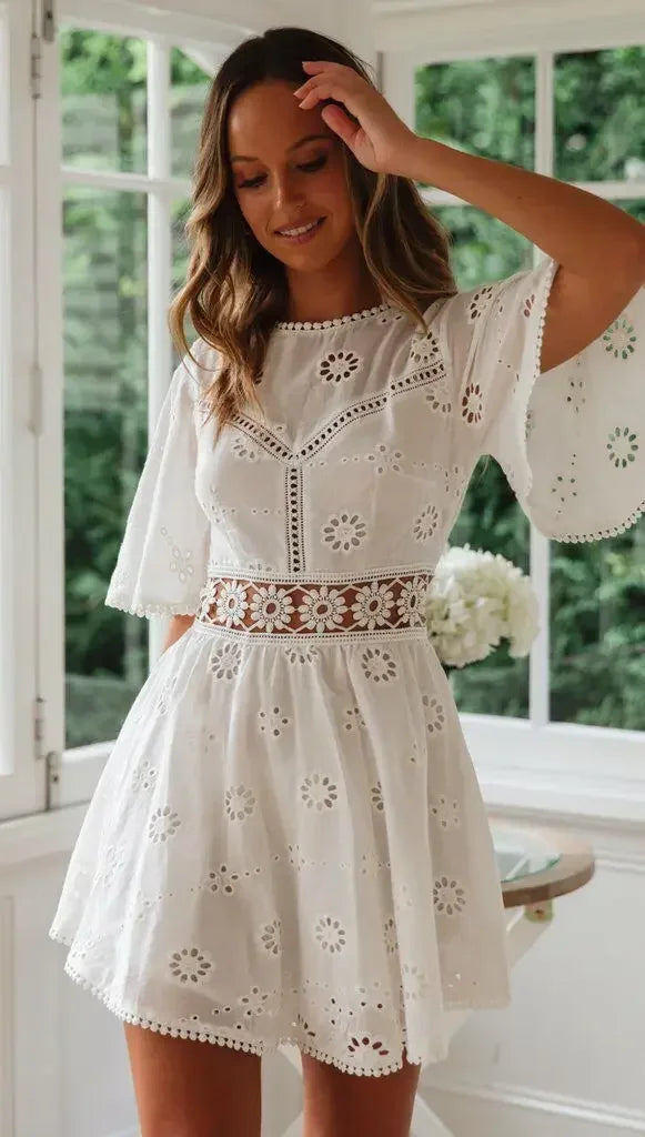 Casual Flower Backless Floral Embroidery Cotton Party Mini Dress