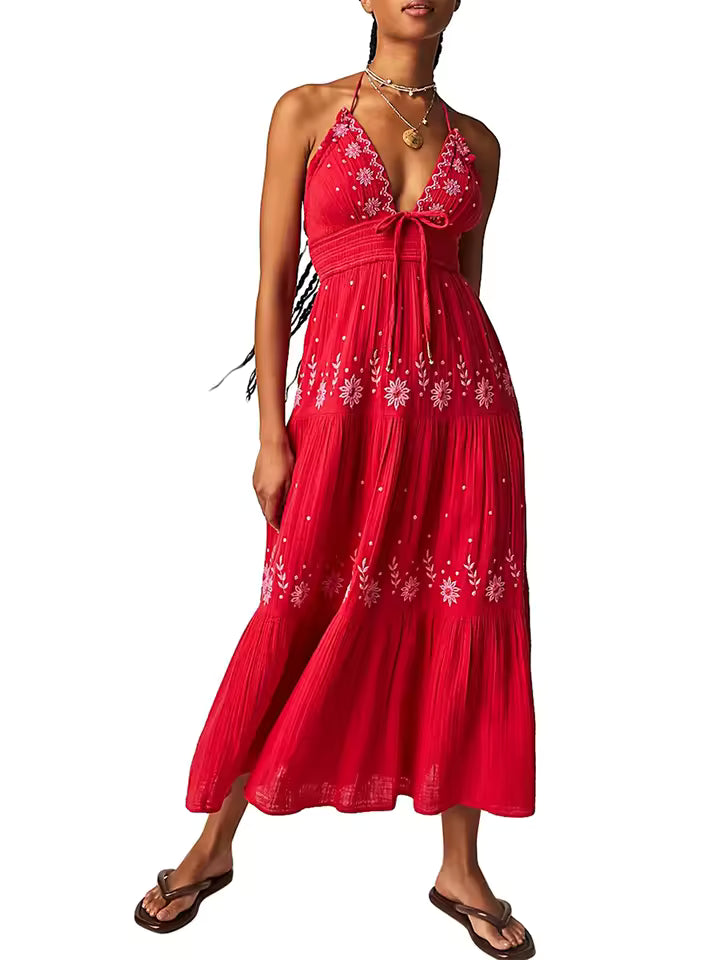 Casual Flower Embroidery Tie-Up Halter Neck Sleeveless Ankle-Length Maxi Dress