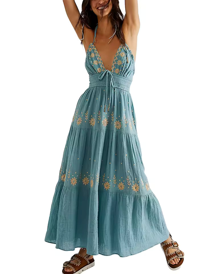 Casual Flower Embroidery Tie-Up Halter Neck Sleeveless Ankle-Length Maxi Dress