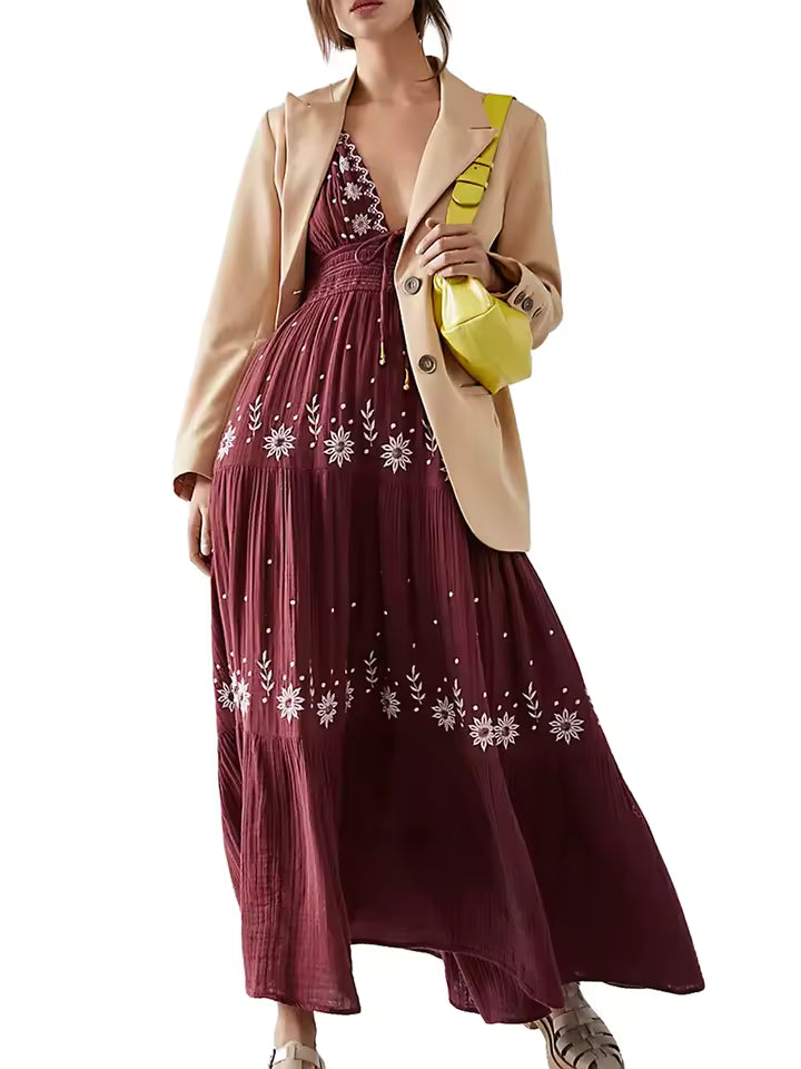 Casual Flower Embroidery Tie-Up Halter Neck Sleeveless Ankle-Length Maxi Dress