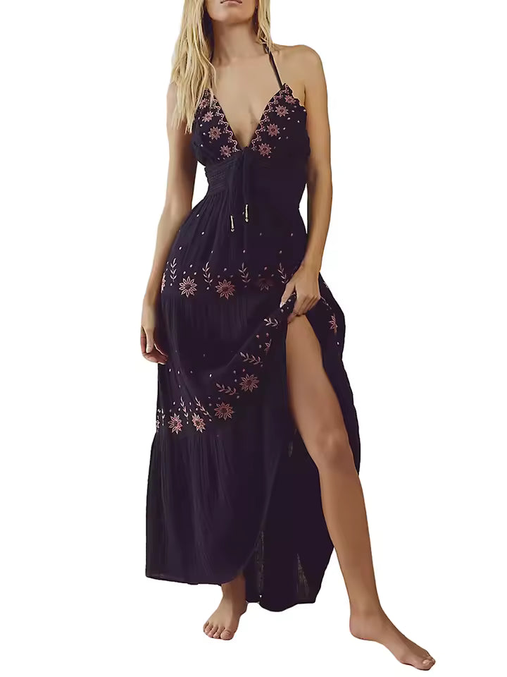 Casual Flower Embroidery Tie-Up Halter Neck Sleeveless Ankle-Length Maxi Dress