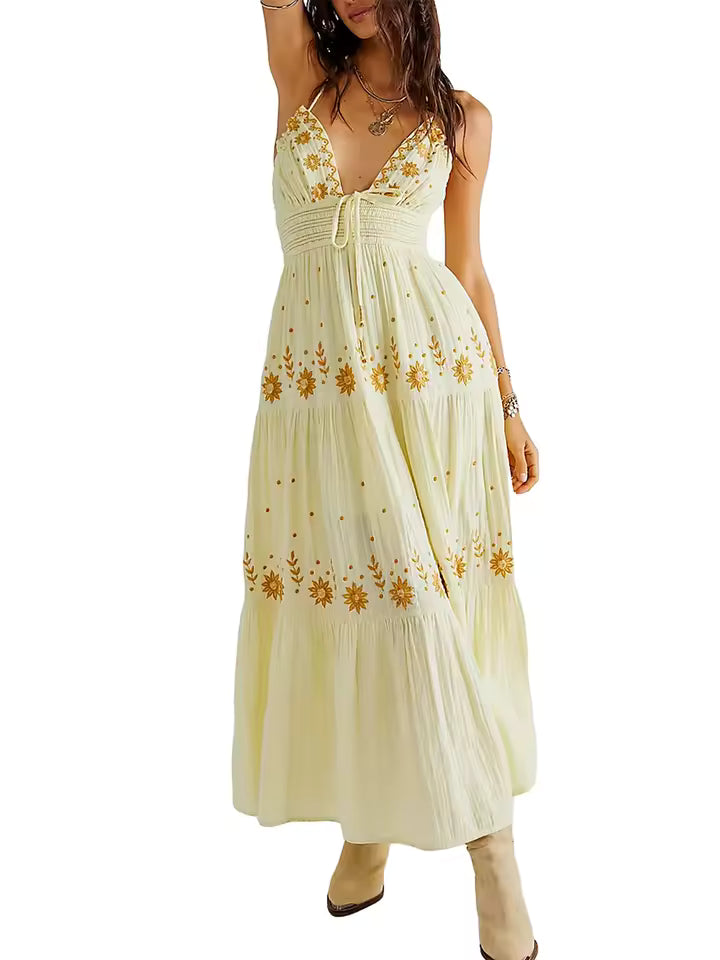Casual Flower Embroidery Tie-Up Halter Neck Sleeveless Ankle-Length Maxi Dress