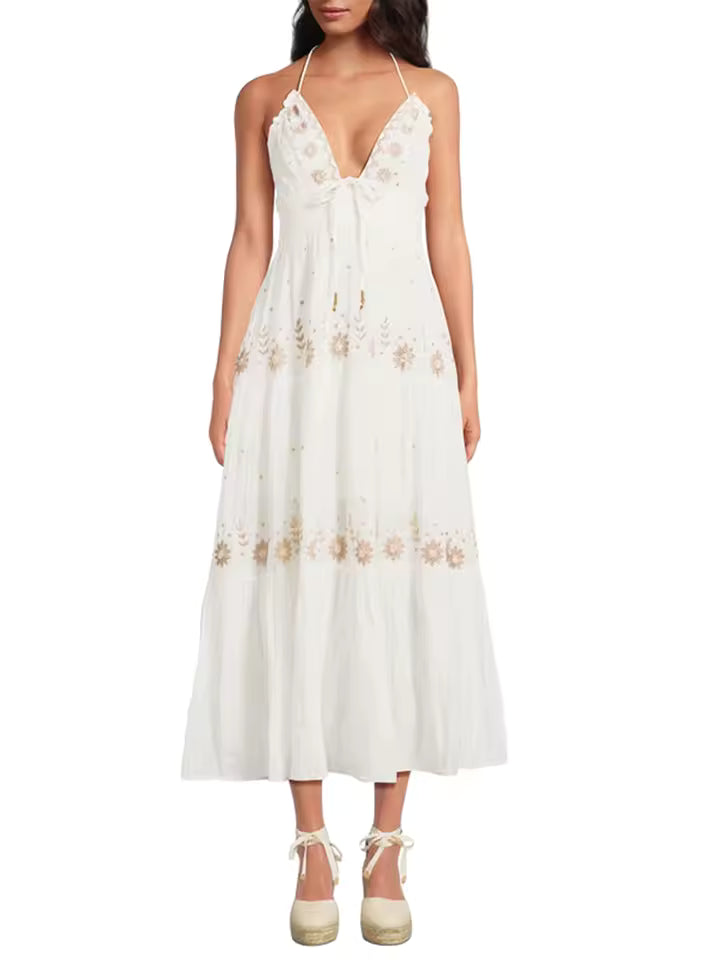 Casual Flower Embroidery Tie-Up Halter Neck Sleeveless Ankle-Length Maxi Dress