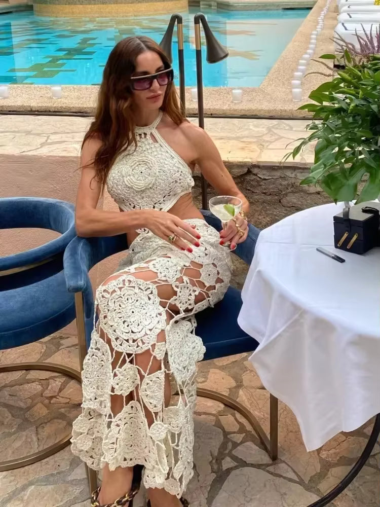 Casual Flower Halter Hollow Out Sleeveless Backless Maxi Knitted Dresses