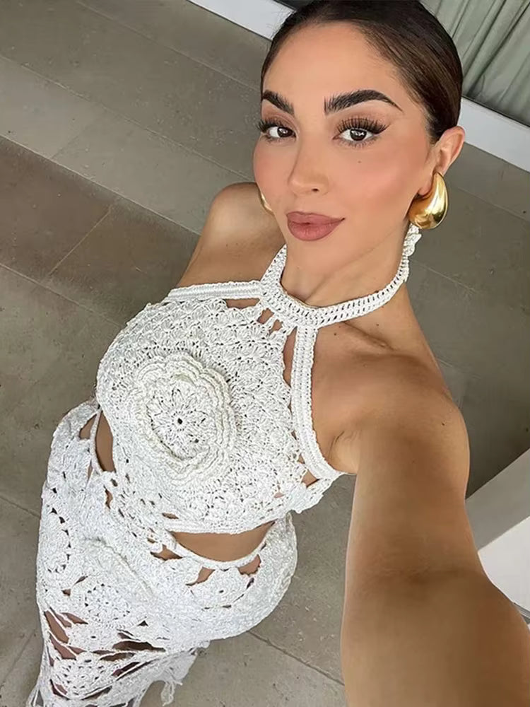 Casual Flower Halter Hollow Out Sleeveless Backless Maxi Knitted Dresses