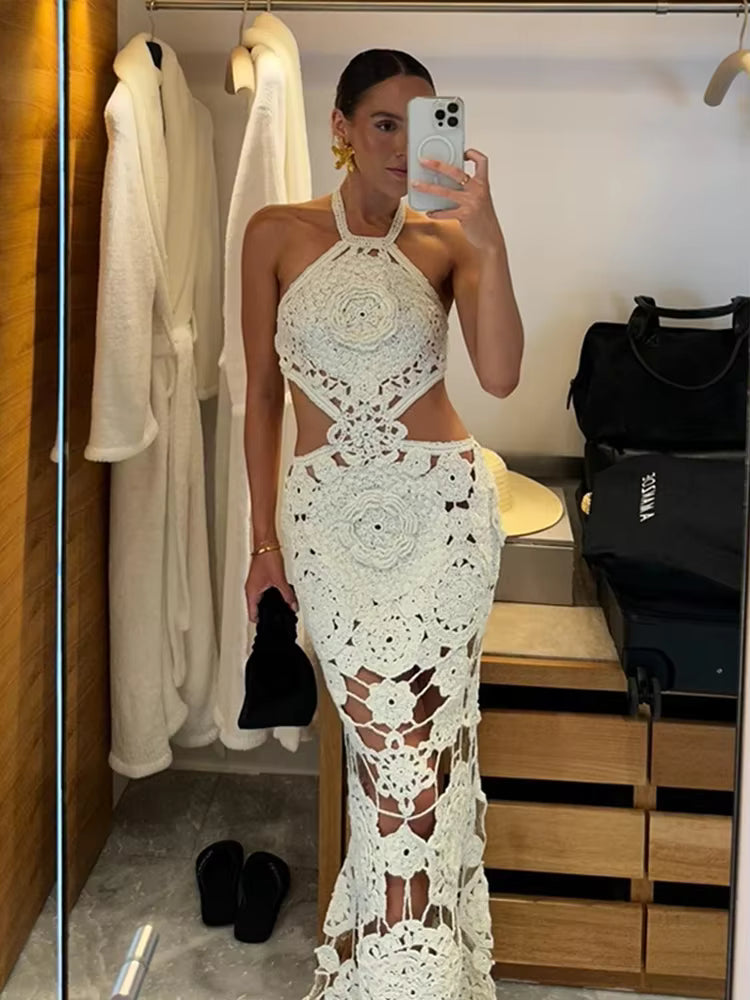 Casual Flower Halter Hollow Out Sleeveless Backless Maxi Knitted Dresses