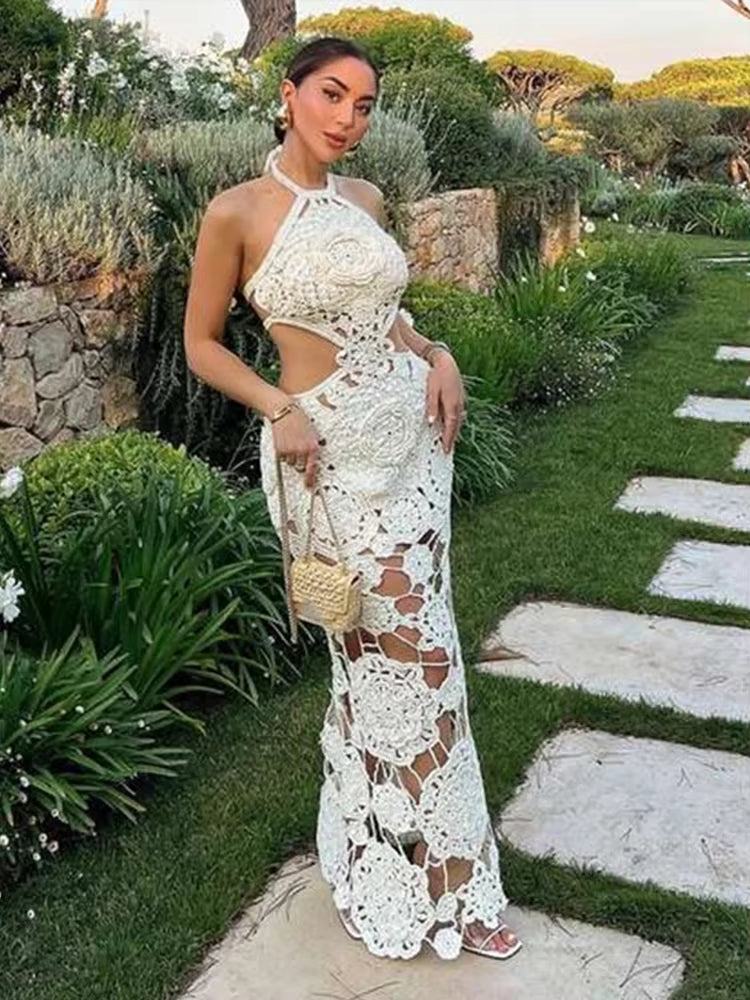 Casual Flower Halter Hollow Out Sleeveless Backless Maxi Knitted Dresses